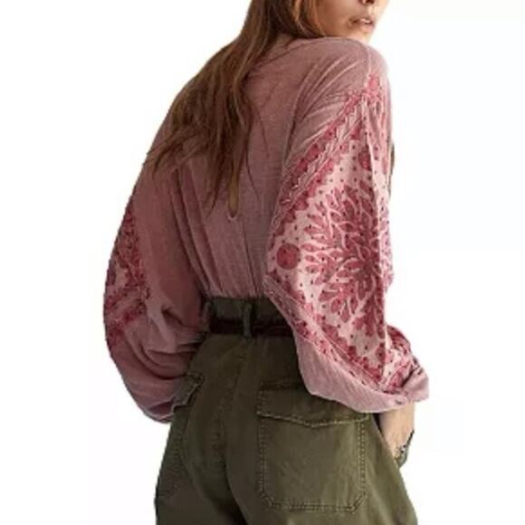 Free People Pink Balloon Dolman Sleeve Embroidered Boho Blouse - Picture 2 of 7